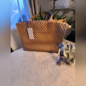 Rothy's Woven Check Tote in Tan and Camel